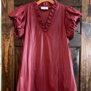 Puffed Red Faux Leather Mini Dress